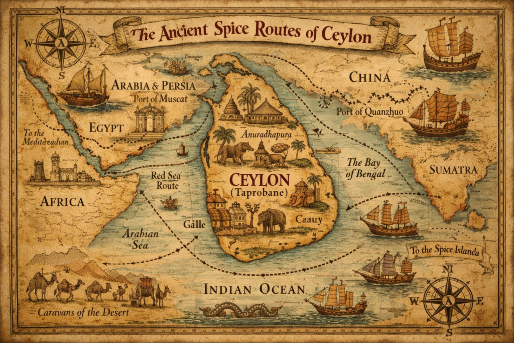 Vintage map showing Sri Lanka as a central hub for the ancient spice trade.
