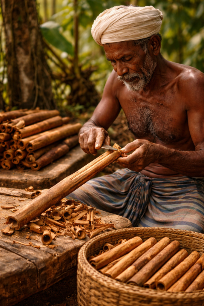 Close-up of a Sri Lankan farmer traditionally peeling Ceylon cinnamon bark.